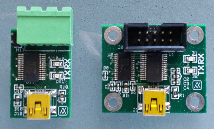 USB to RS485 (Left) and USB to RS232 (Right) PCBs, Top View